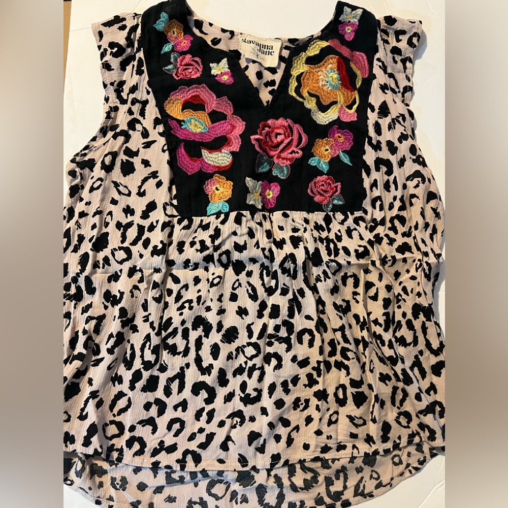 Savanna Jane Leopard Print Top with Floral Embroidery